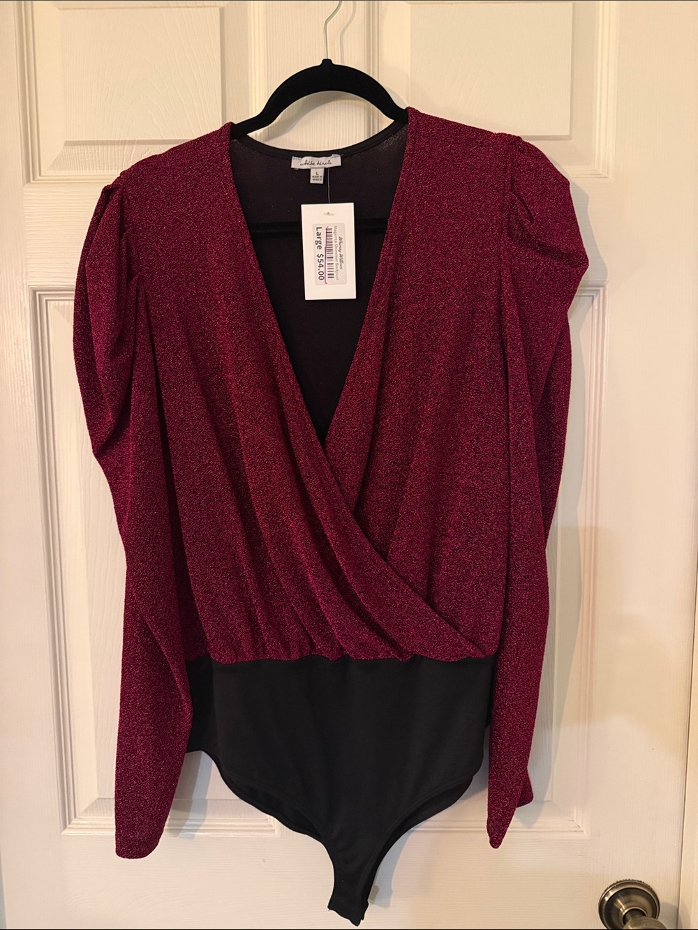 White Birch Magenta Shimmer Puff-Sleeve Faux-Wrap Bodysuit